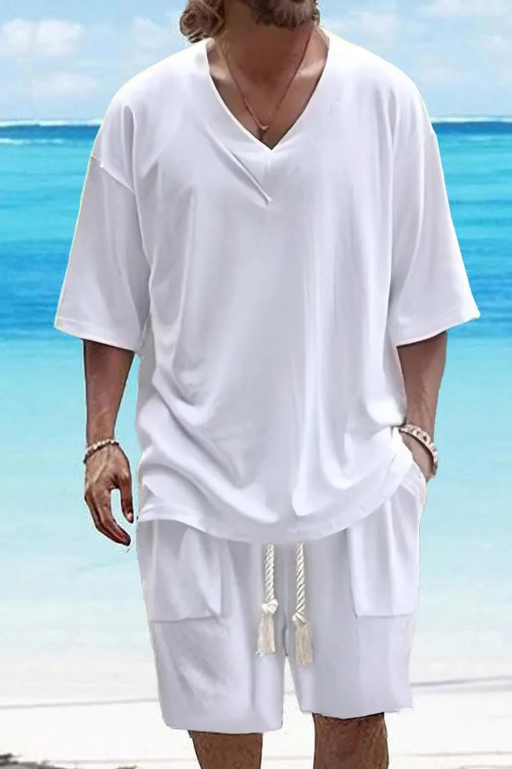 Men's V-Neck Half Sleeve Top and Shorts Set in white, beach background.