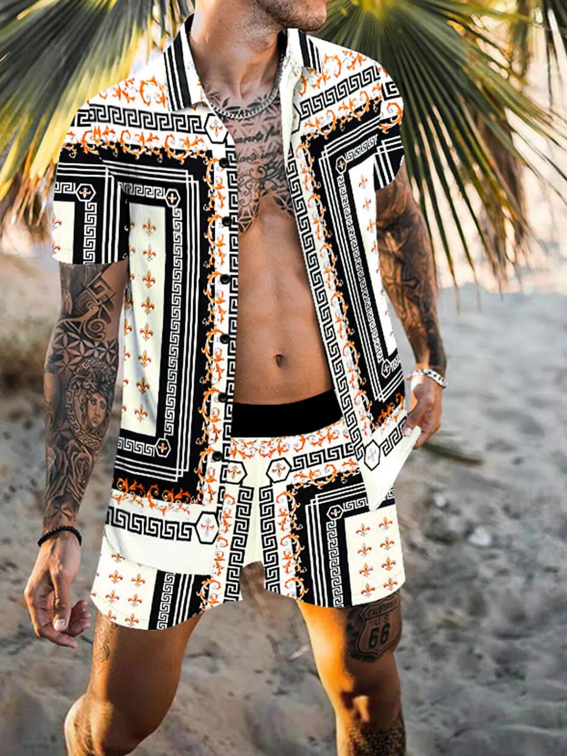 Men's full size printed collared short sleeve top and shorts set, beach style.