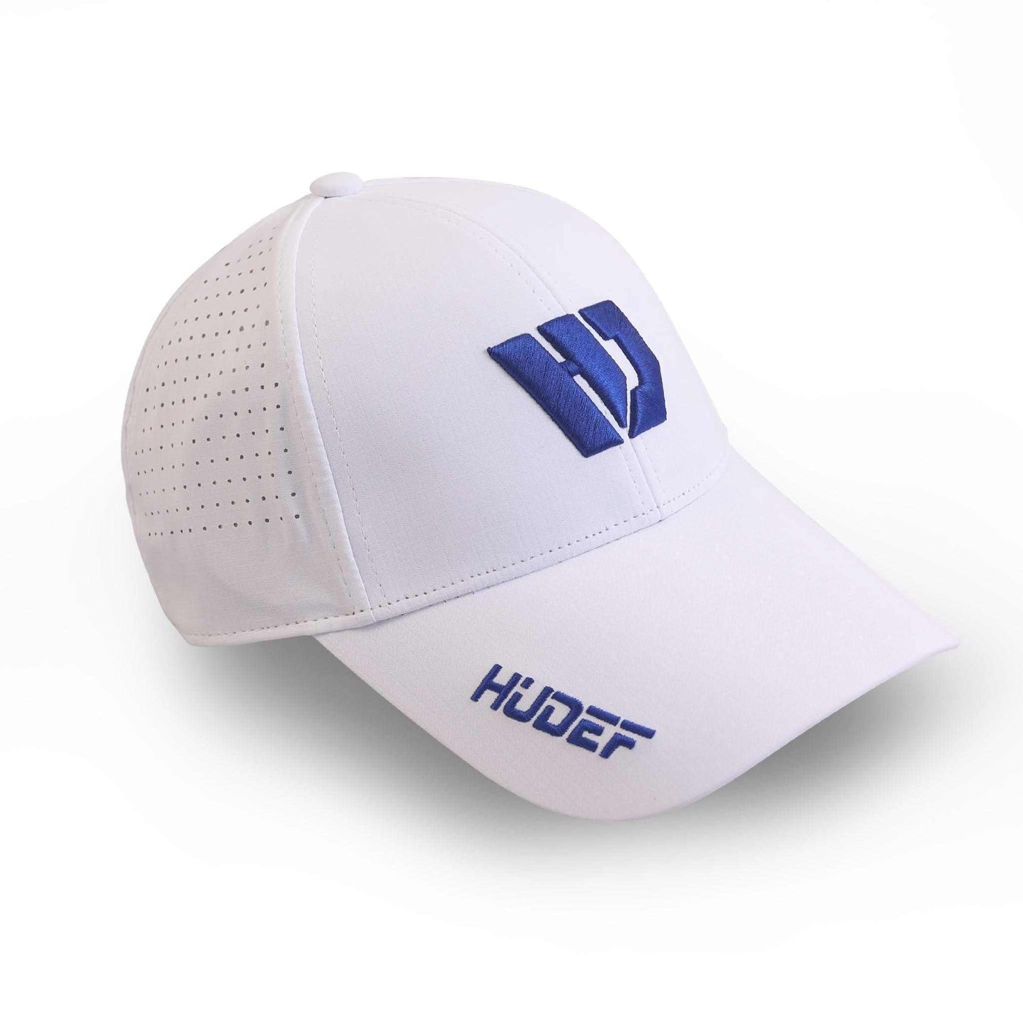 White Premier Lite Adjustment Hat with blue logo, moisture-wicking, ventilated, adjustable fit, made from recycled materials.