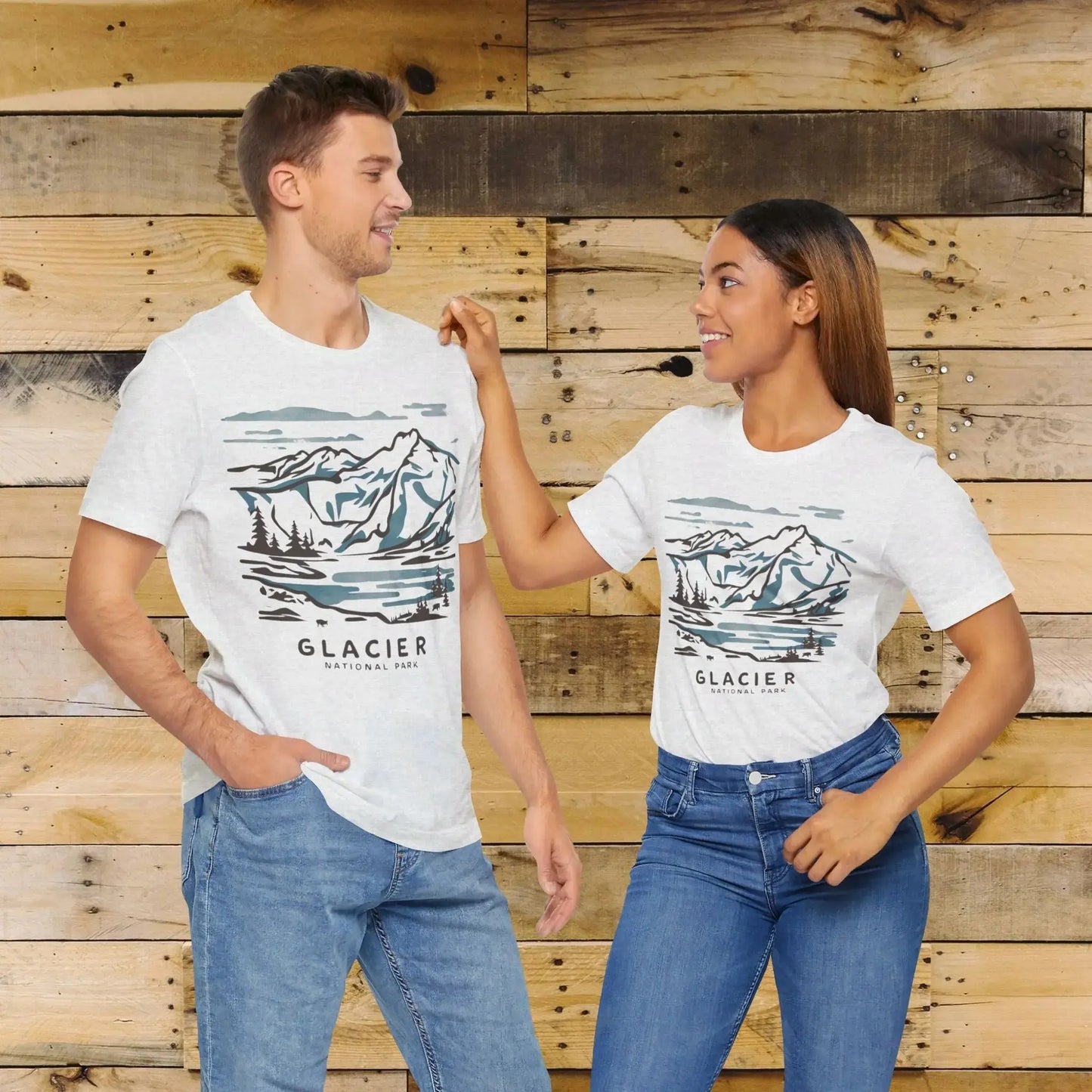 Glacier National Park Unisex Fit Soft T-Shirt Watercolor Line Art Park Service Apparel