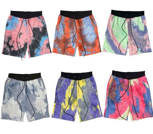 Weiv Mens Tye Dye Sweat Shorts in various colors with elastic waist and drawstring, 100% cotton.