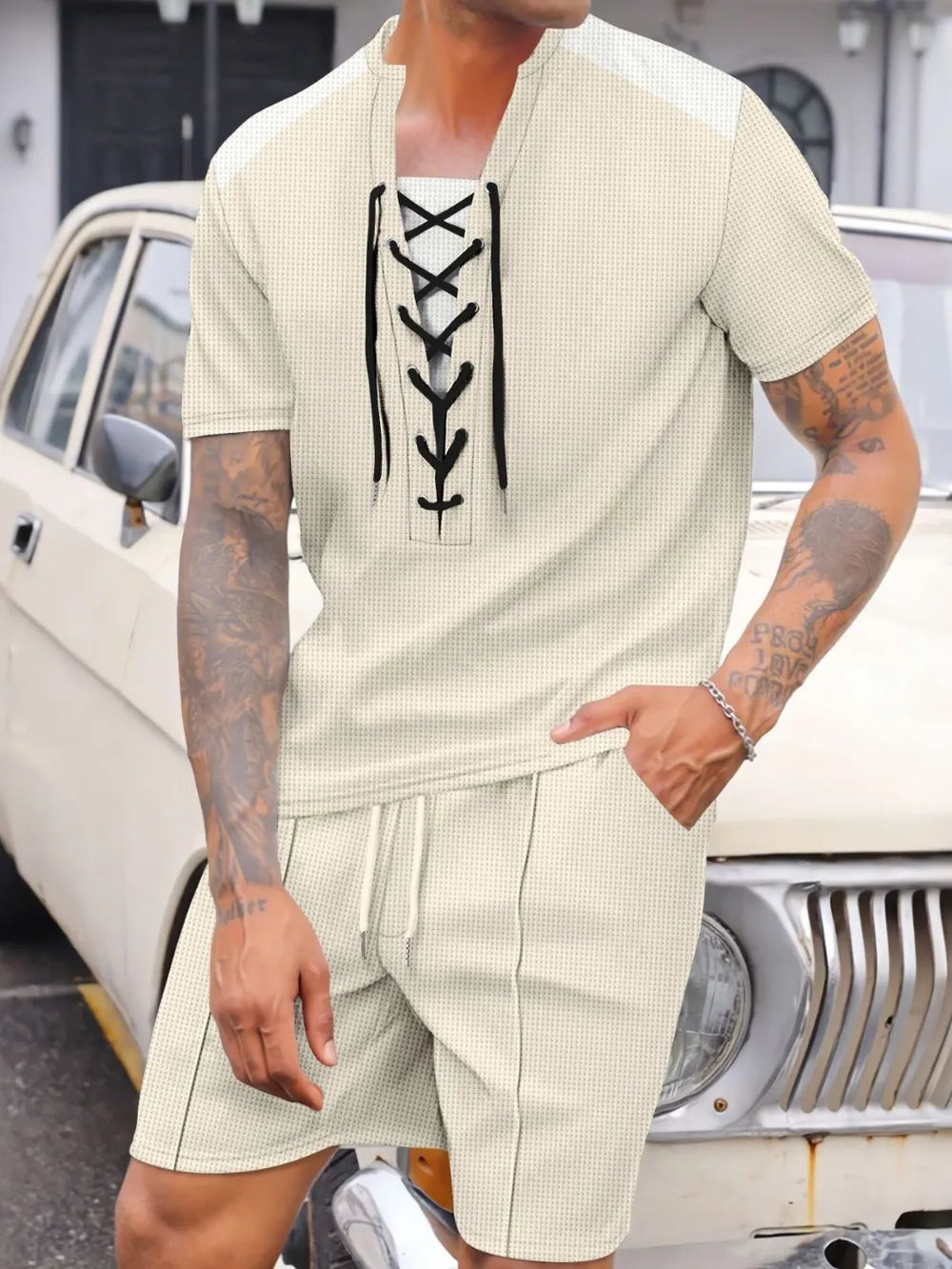 Men's full size lace-up waffle knit top and shorts set, plus size.