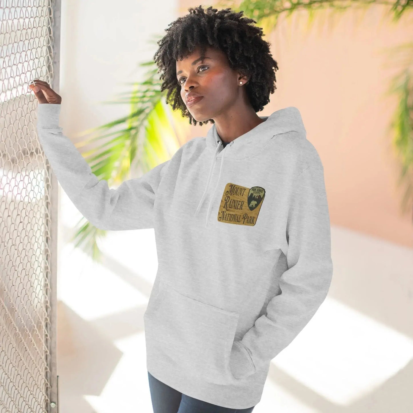 Mount Rainier National Park Fleece Hoodie Unisex Fit Scenic Wooden Mountain Sign Park Service Apparel