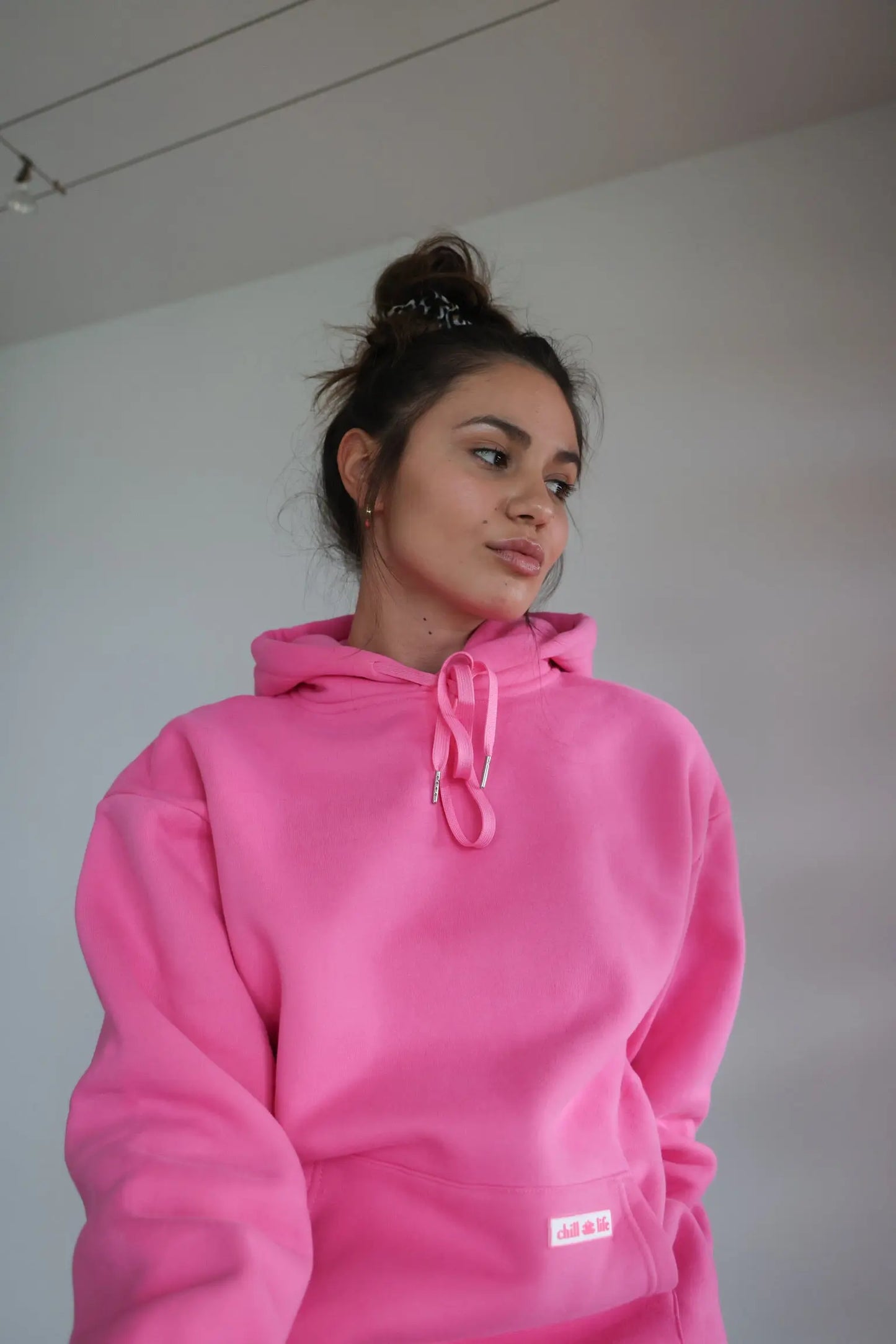 Zen Zip Chenille Applique Hoodie - Bermuda Pink chill life style