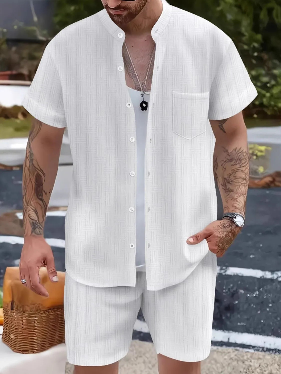 Men's white button-up short sleeve shirt and shorts set, two-piece, made of 100% polyester.