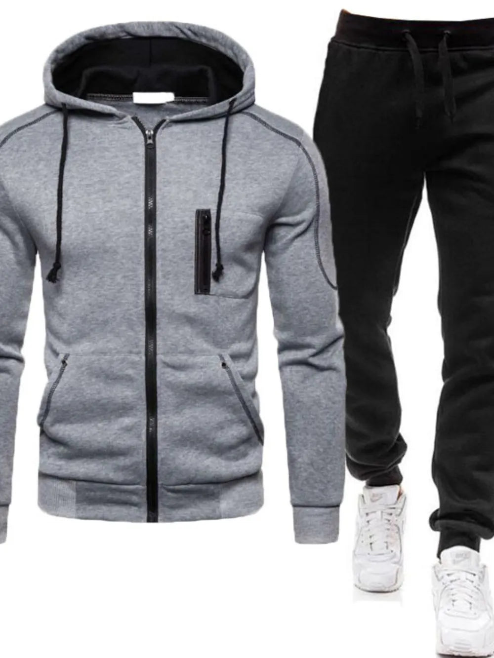 Men's full size zip up long sleeve hoodie and pants set in gray and black, plus size.