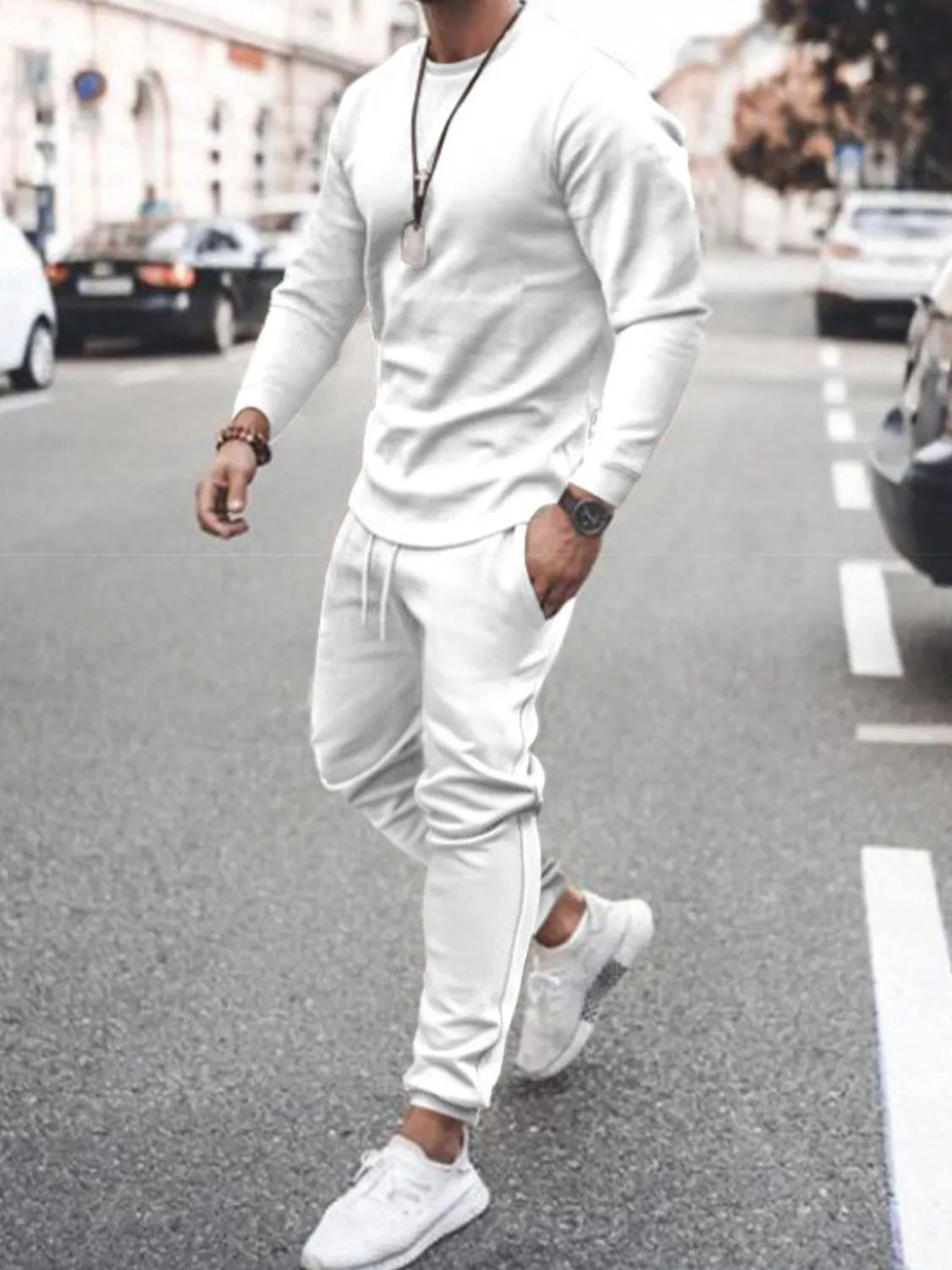 Men's full size round neck long sleeve top and pants set, plus size.