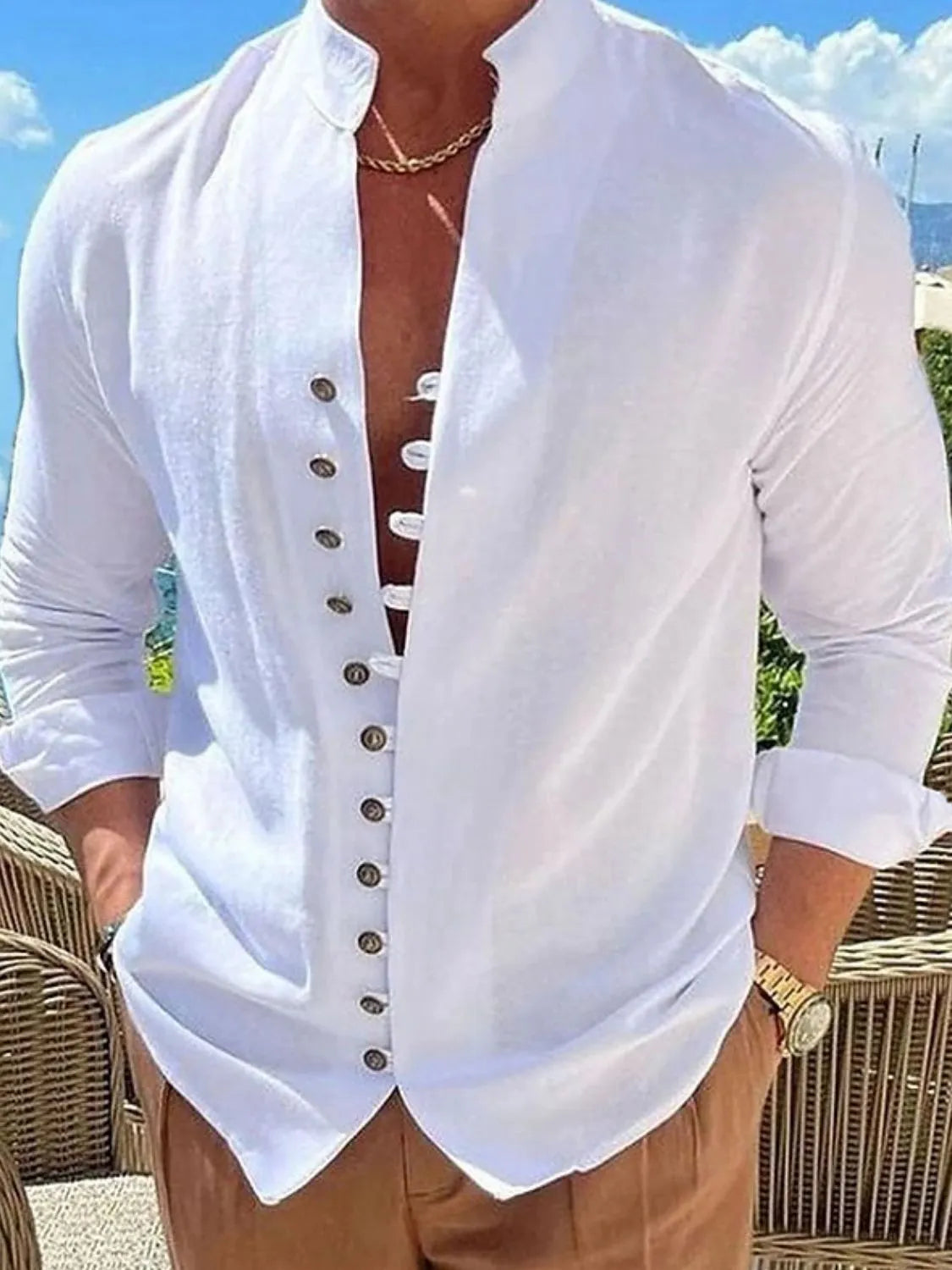 Men's full size button up long sleeve white shirt, slightly stretchy cotton blend.