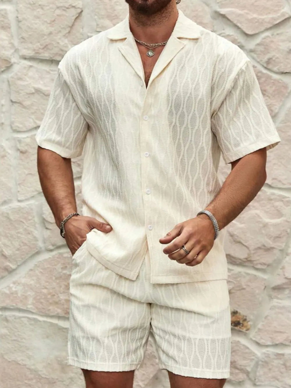 Men's plus size collared neck short sleeve top and shorts set in white, buttoned with pockets.