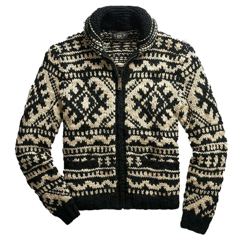 Men's Jacquard Knit Jacket Lapel Long Sleeve Jacket Sweater