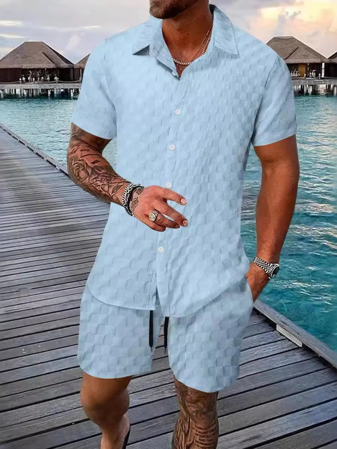 Men's full-size collared neck short sleeve top and shorts set in light blue, plus size.