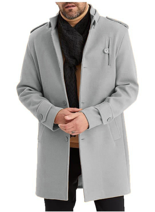 Men's Warm Wool Blend Single-Breasted Mid-Length Epaulette Jacket For Everyday Wear by MENLL