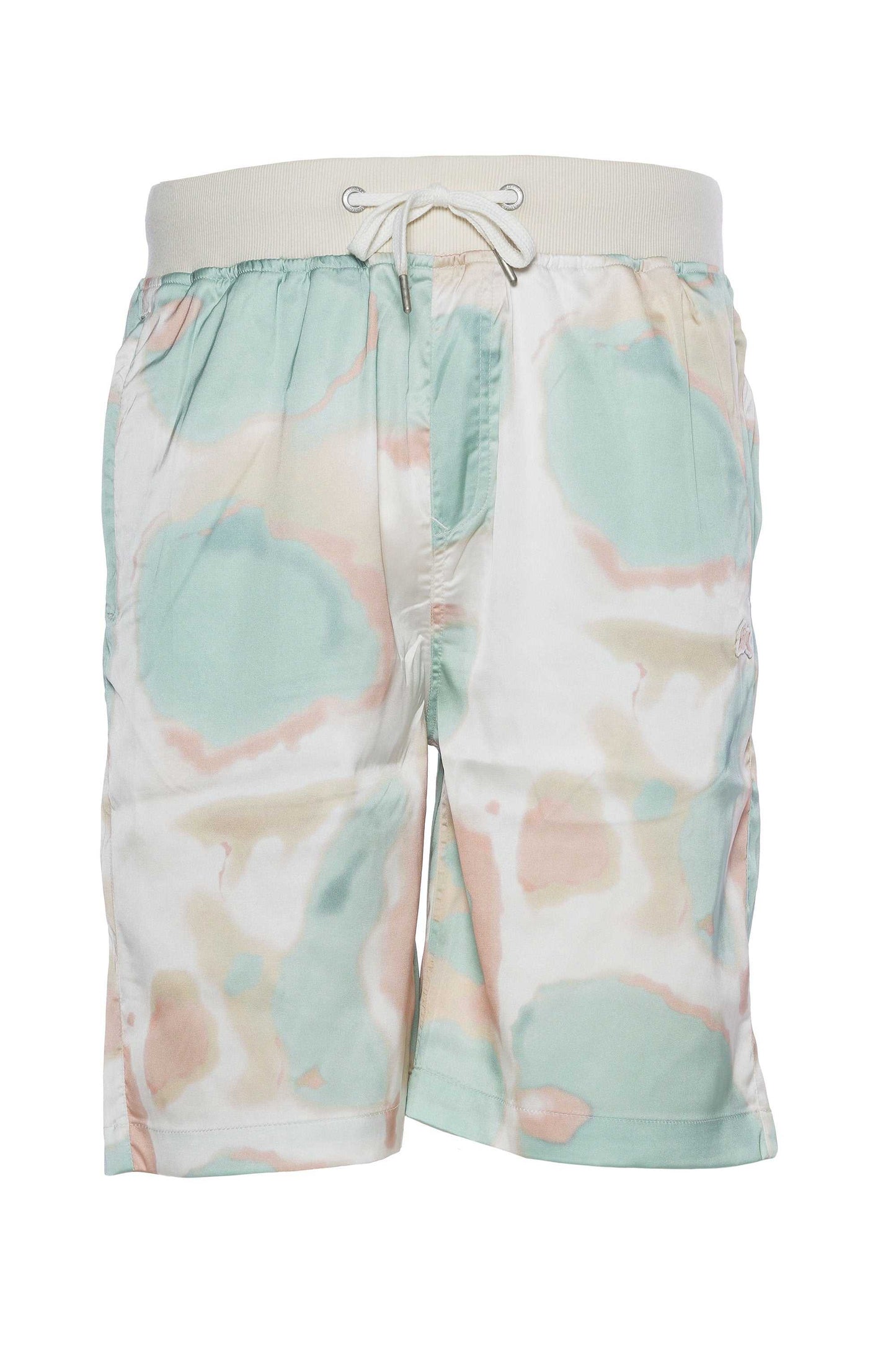 Printed satin shorts with graphic design, featuring back pockets, metal aglets, embroidered rabbit patch, and ribbed waistband.