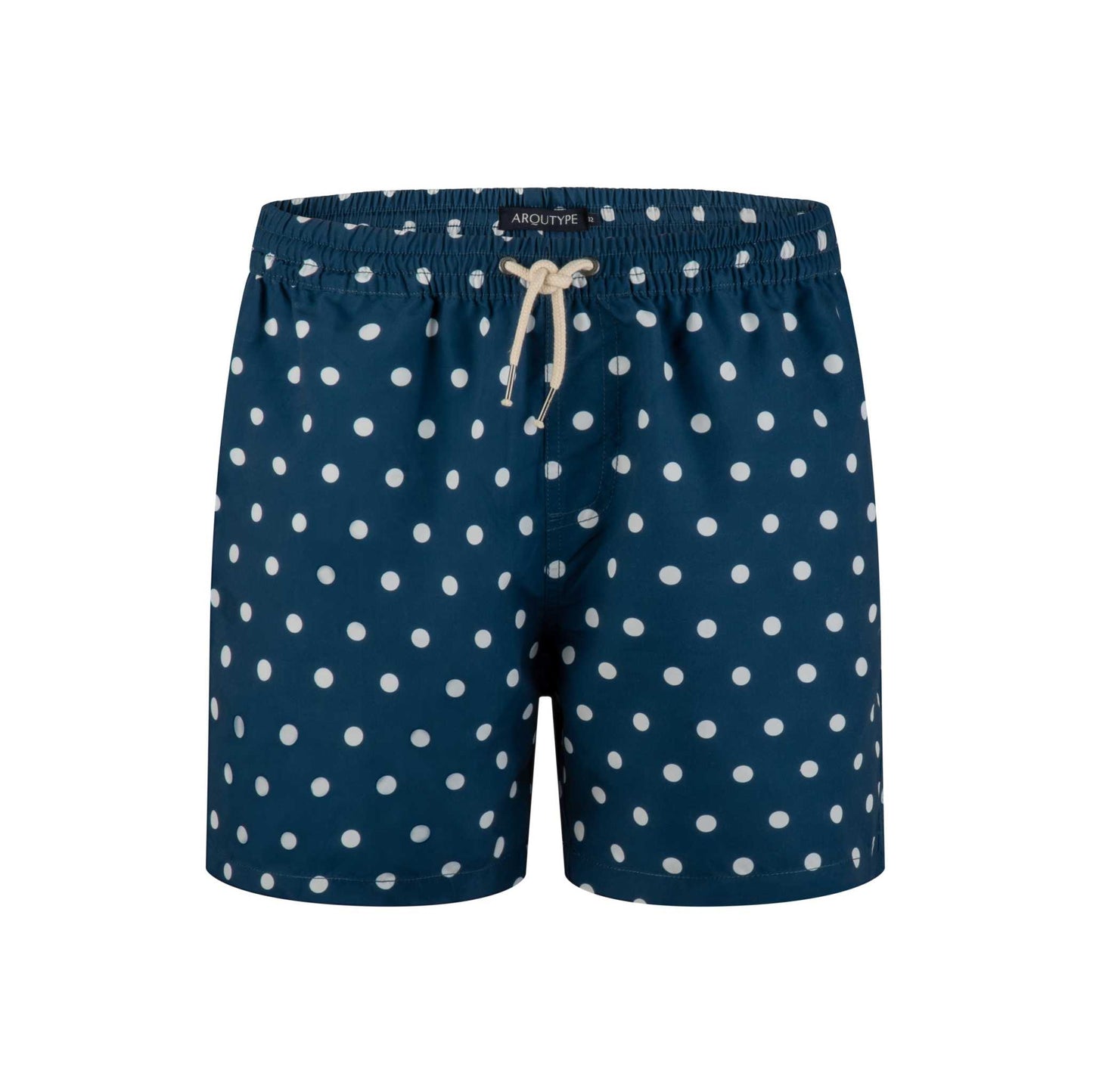 Santa Monica Swim Shorts with white polka dots, featuring elastic waistband and drawstring.