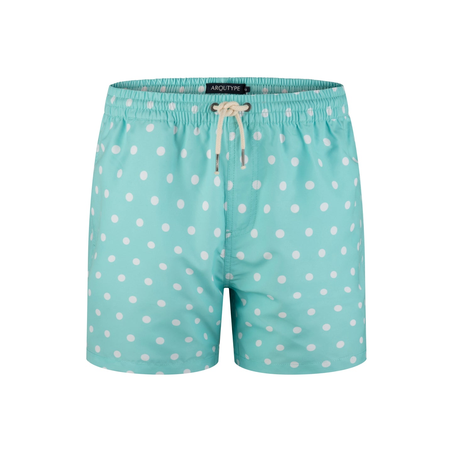 Light blue Whitehaven Swim Shorts with white polka dots, featuring a drawstring waistband and eco-friendly material.