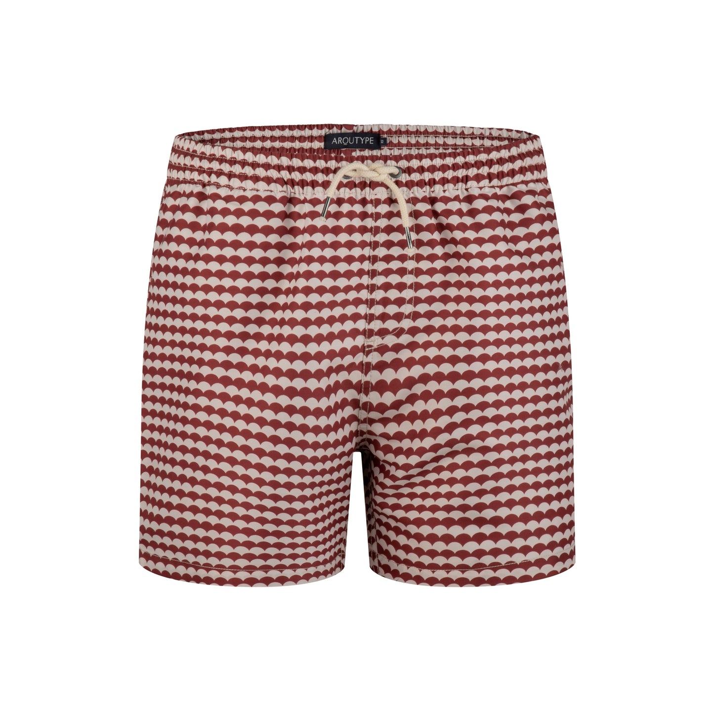 Byron Swim Shorts with elastic waistband and drawstring, featuring a red and white wave pattern.
