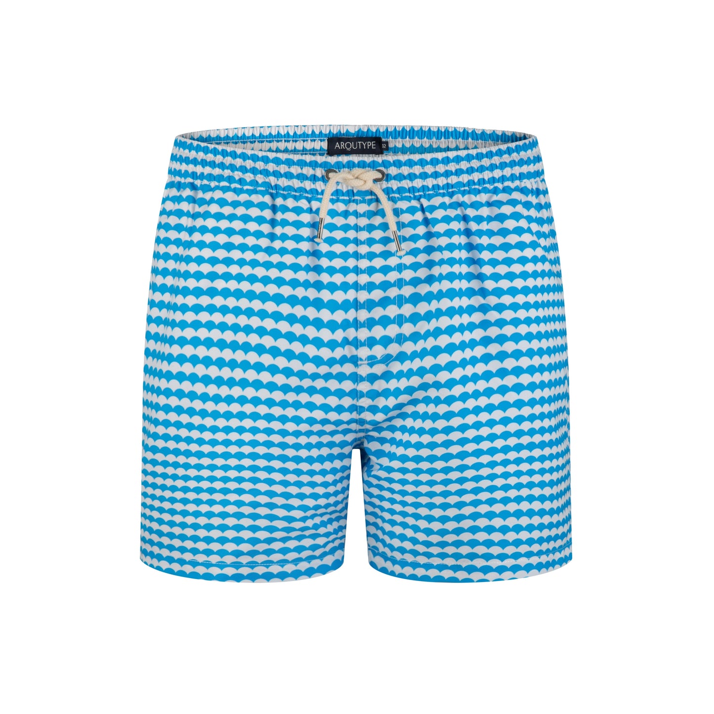 Santorini Swim Shorts with blue and white pattern, featuring elasticated waistband and drawstring.
