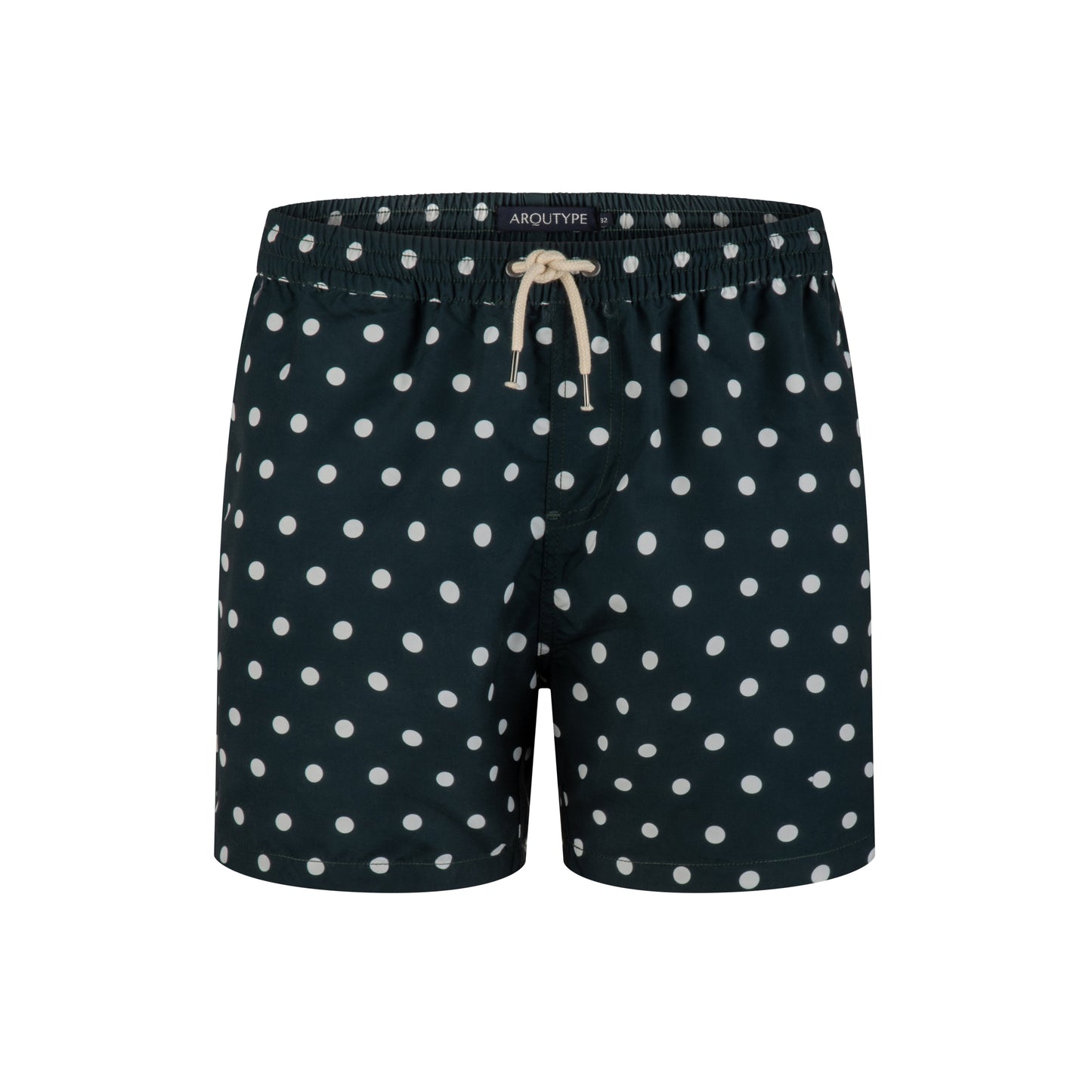 Como Swim Shorts with polka dot design, featuring elastic waistband and drawstring for comfort and style.