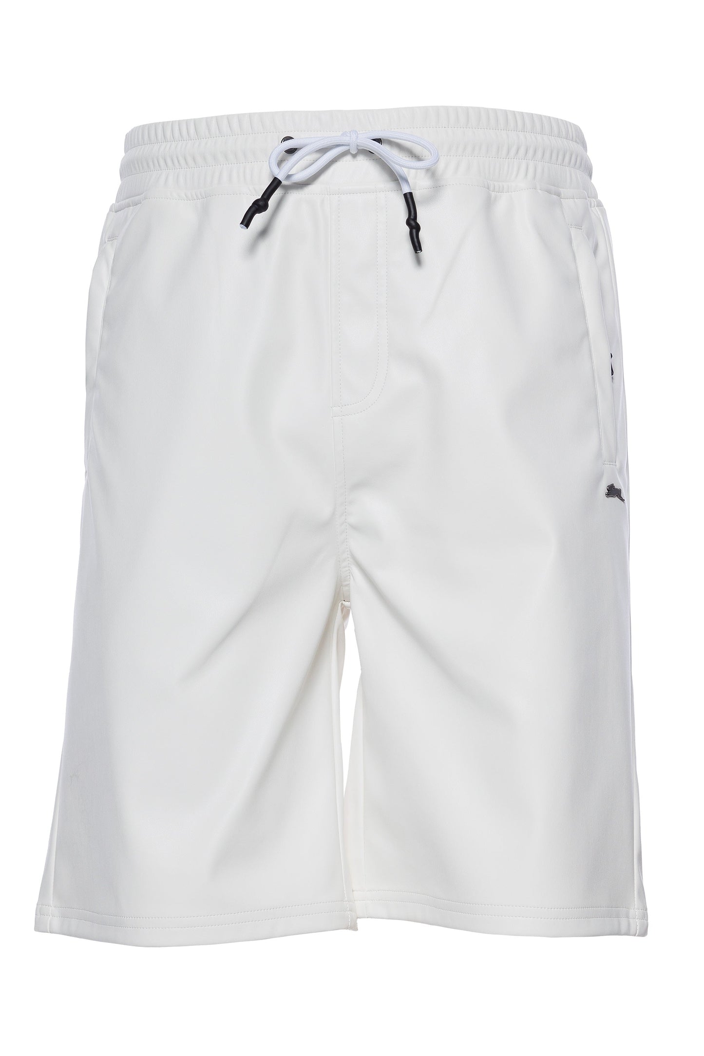 Vegan leather shorts with zippered pockets, elastic waistband, and metal rabbit pin.