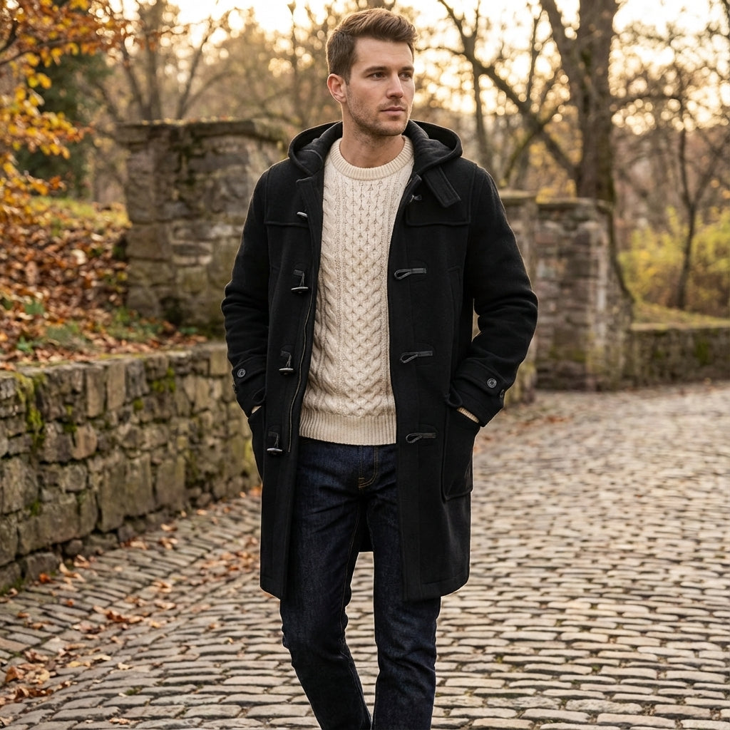 MENLL Retro Wool Trench Coat Men's Outdoor Warm Horn Button Overcoat by MENLL