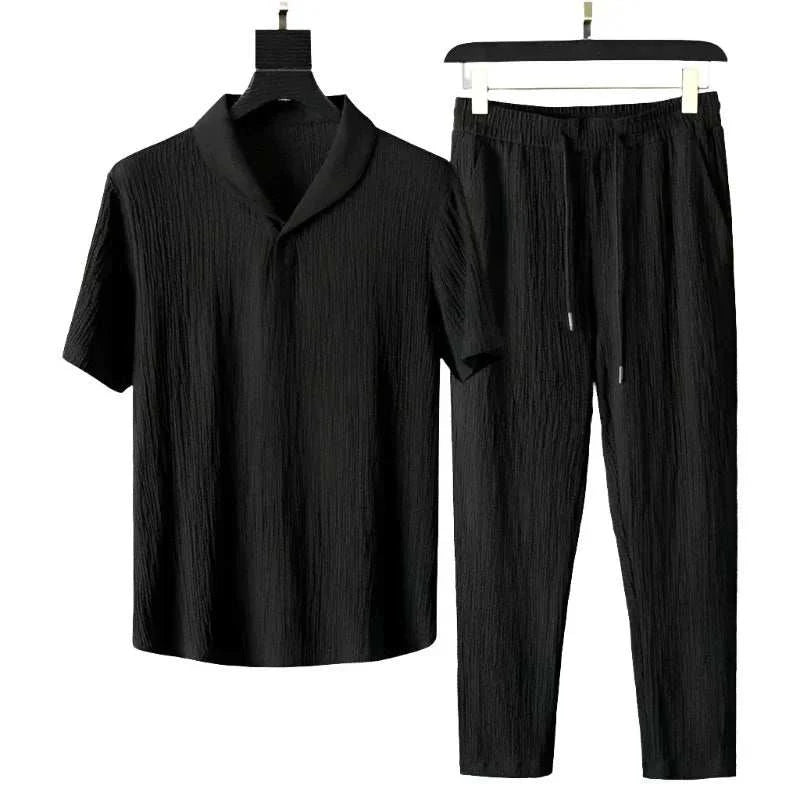 Summer Men Vacation set with short sleeves, v-neck, and drawstring closure in solid black.