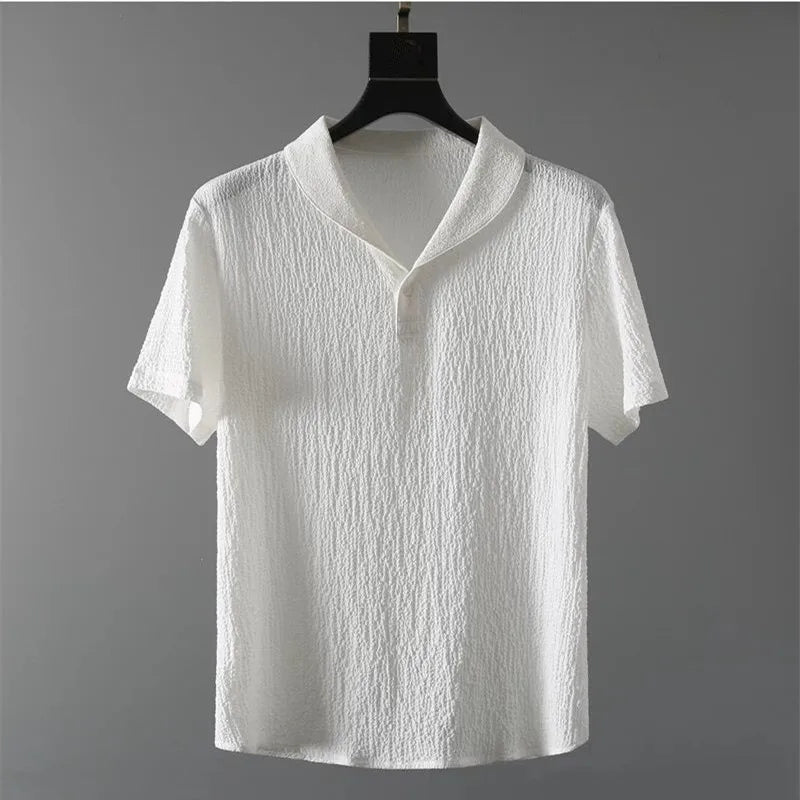 Summer Men Vacation set with v-neck, short sleeves, solid pattern, in white.