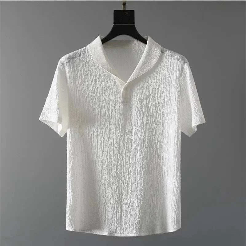 Summer Men Vacation set with v-neck, short sleeves, solid pattern, in white.