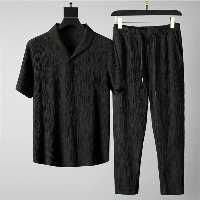Summer Men Vacation set in black with short sleeves, V-neck, and drawstring pants for a stylish, casual look.