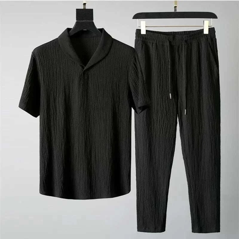 Summer Men Vacation set in black with short sleeves, V-neck, and drawstring pants for a stylish, casual look.