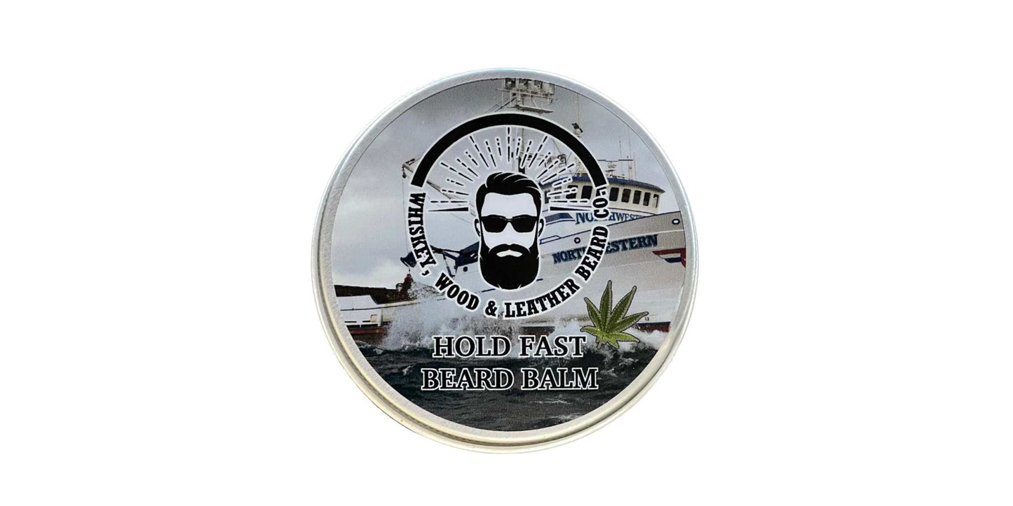 Hold Fast Beard Balm tin with Northwestern fishing vessel label, beard care product.