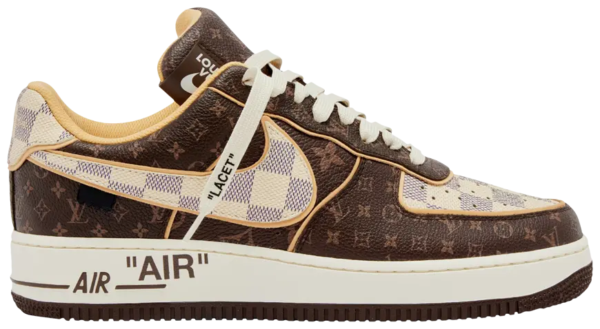 Louis Vuitton x Air Force 1 Low 'Monogram Damier' sneakers with brown canvas and leather, showcasing luxury design.