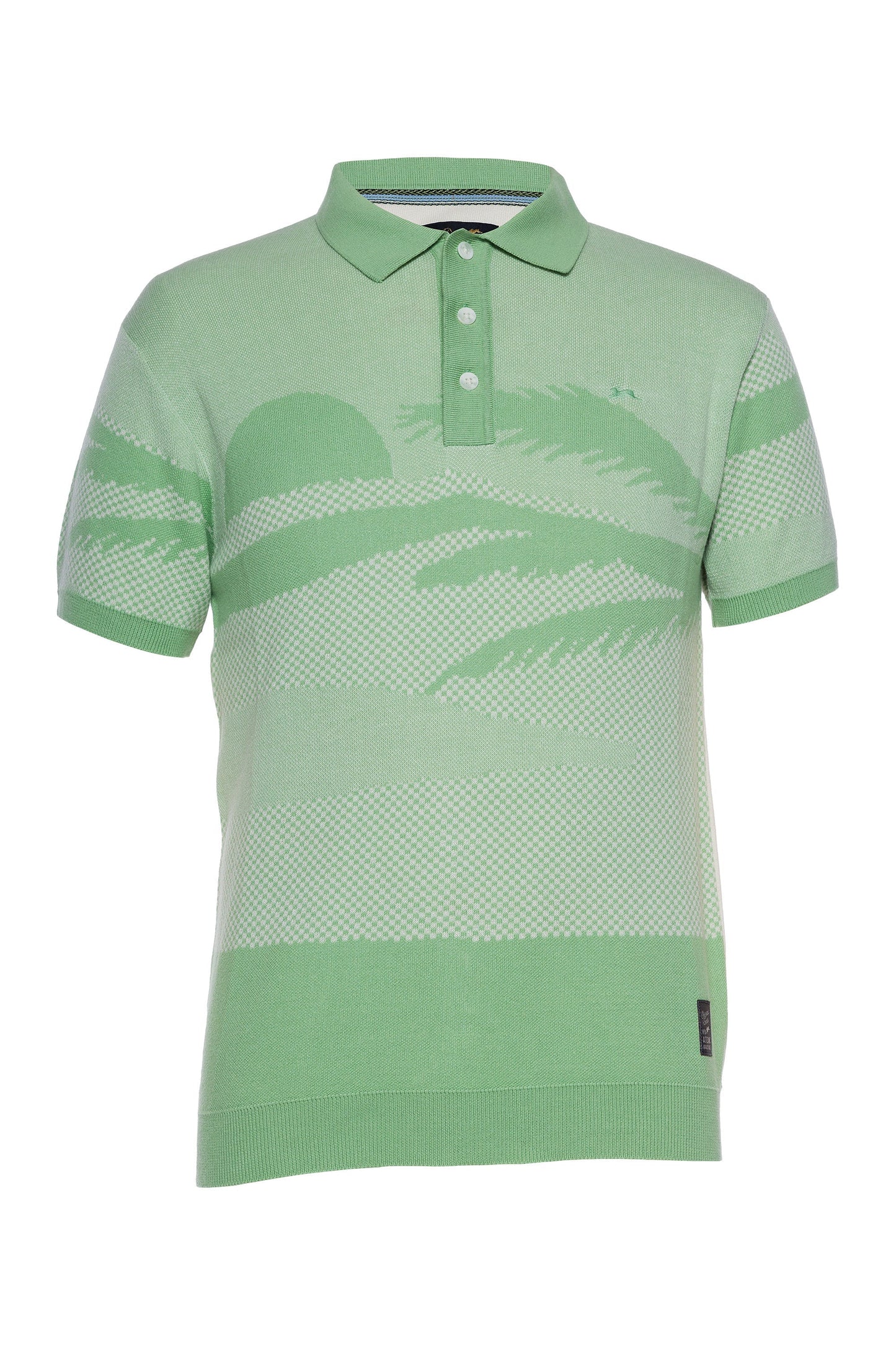 Short-sleeved green jacquard sweater knit polo with flat knit rib collar and Tiziano rabbit embroidery.