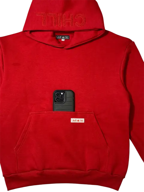 Zen Zip Chenille Applique Hoodie - Cherry Red chill life style