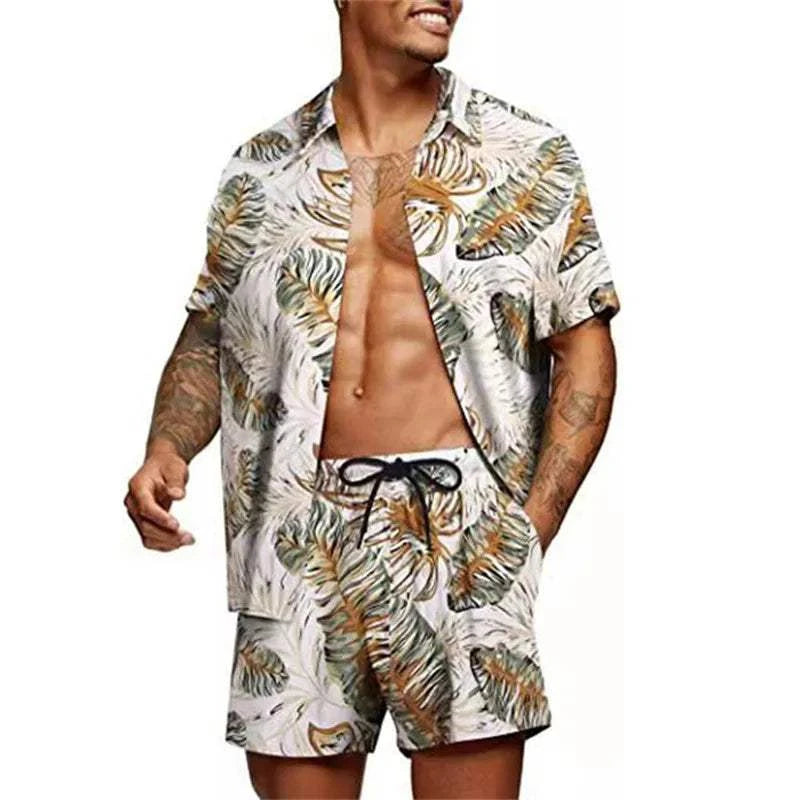 Floral Hawaiian two piece men beach shorts set - MENLL