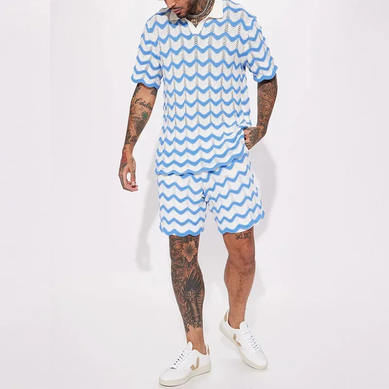 Cool comfortable knit set for men, V-neck, short sleeves, vivid print, polyester, spring-summer casual wear.