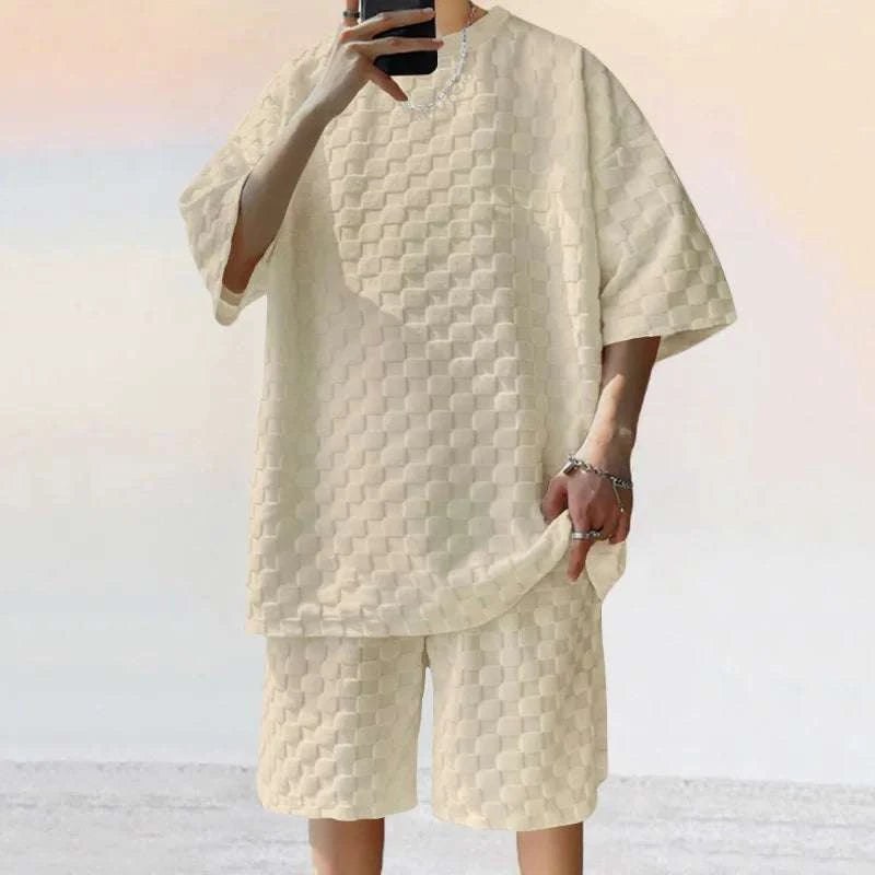 Men Leisure Oversized Two-piece shorts set in lightweight polyester with O-neck collar and drawstring closure.