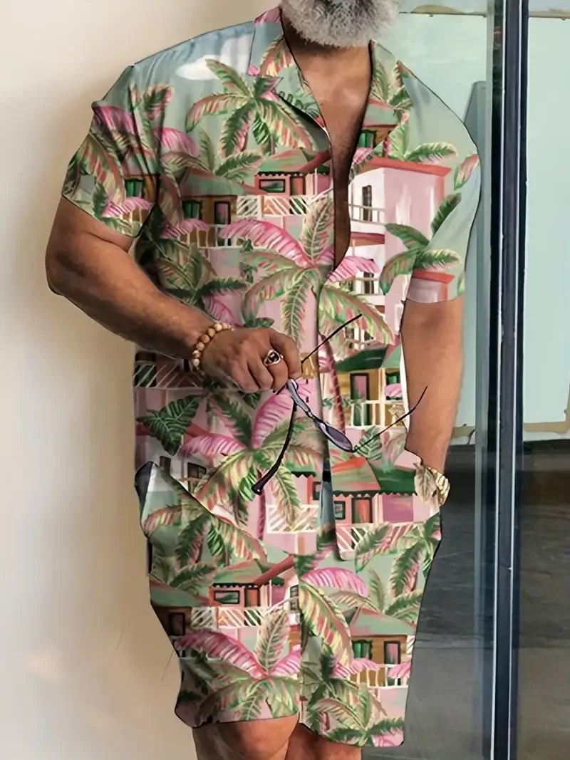 Men's streetwear two-piece beach set with vibrant palm print design, capturing casual style and comfort for spring and summer.
