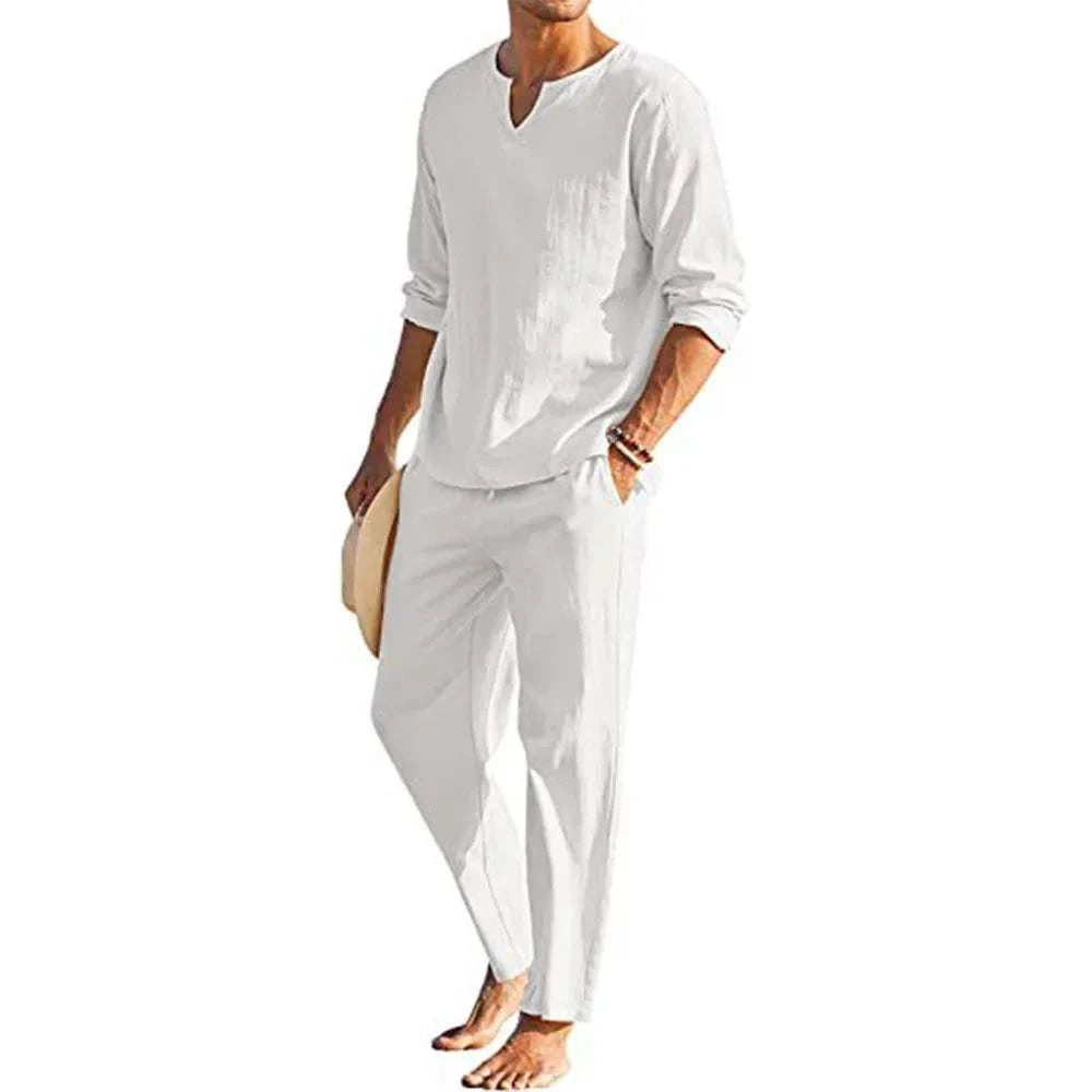 Casual Cotton Linen Two Piece Men Set - MENLL