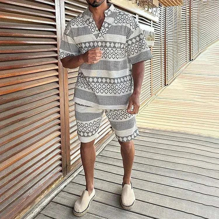 Men Beach Shirt Sets Retro Ethnic Style - MENLL