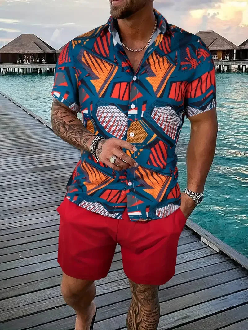 Men's vibrant streetwear two-piece beach set by Sexikinis, featuring a patterned shirt and red shorts, ideal for spring and summer casual style.