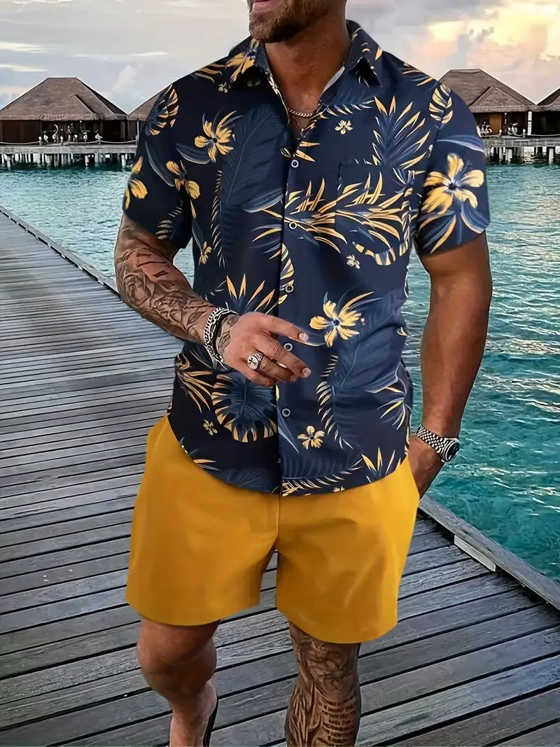 Men's streetwear two-piece beach set with floral shirt and yellow shorts, designed for comfort and style in summer.