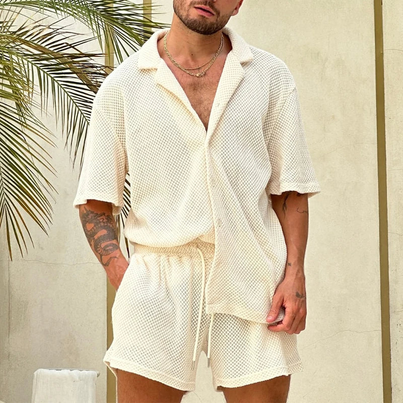 Luxury men's beach wear set with single-breasted polyester top and drawstring shorts, perfect for spring and summer.