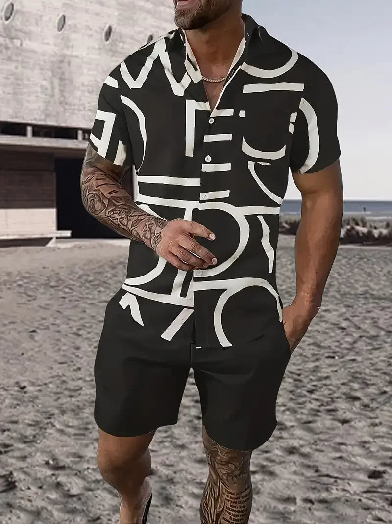 Men streetwear two-piece beach set with bold black and white design.