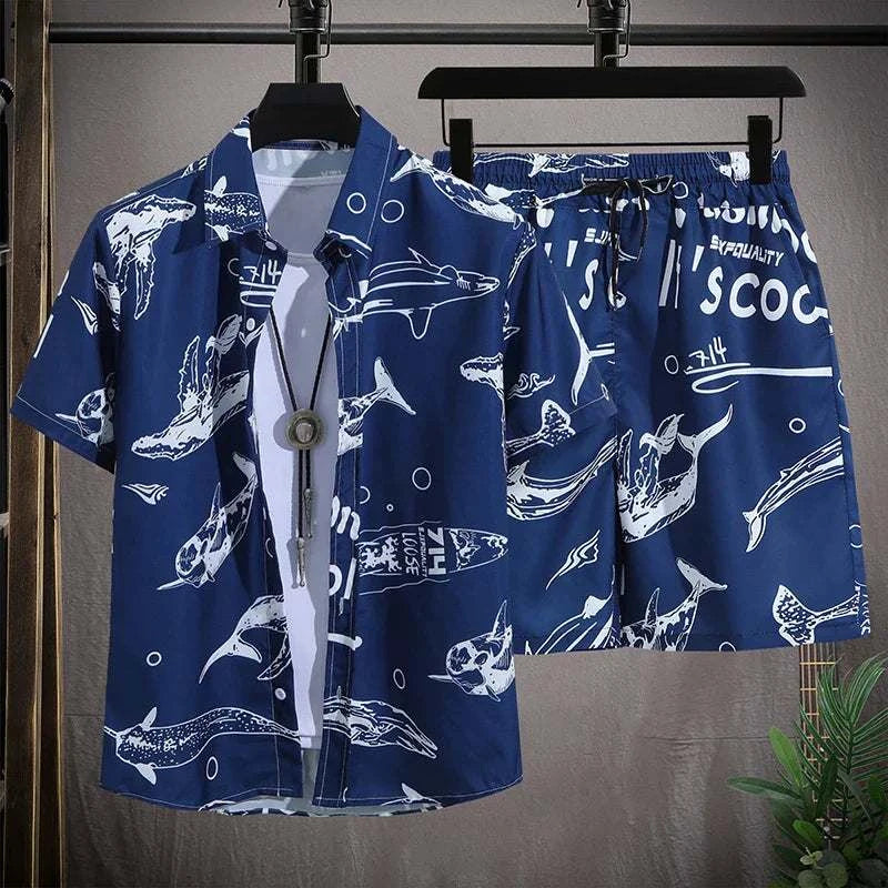 Men's vacay beach shorts set with animal print, elastic waist, polyester fabric, in navy blue.