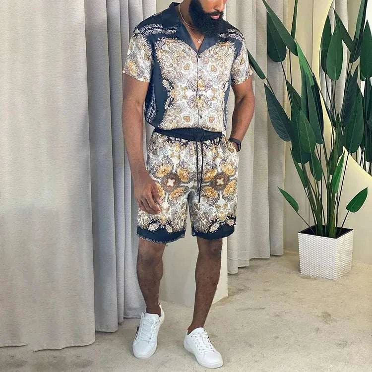 Men Beach Shirt Sets Retro Ethnic Style - MENLL