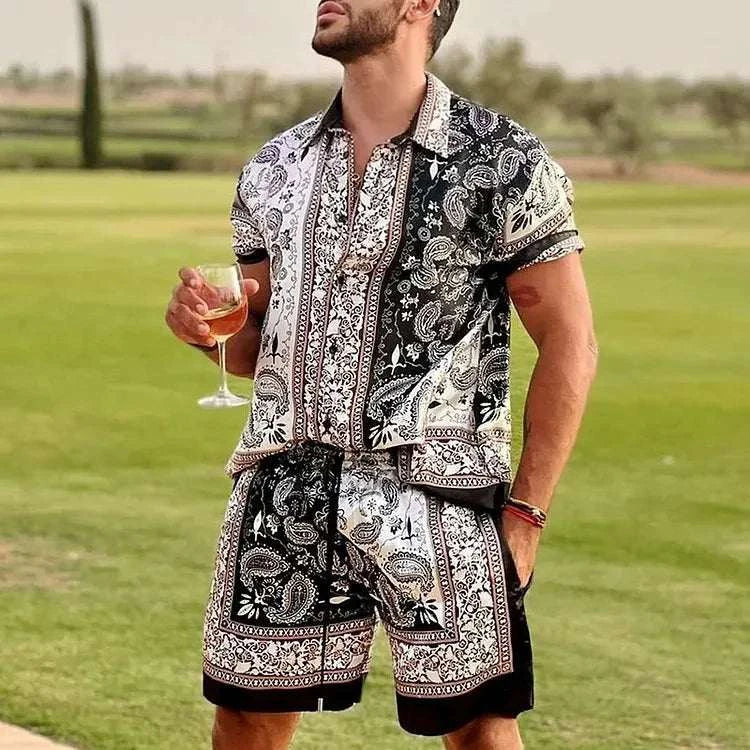 Men Beach Shirt Sets Retro Ethnic Style - MENLL