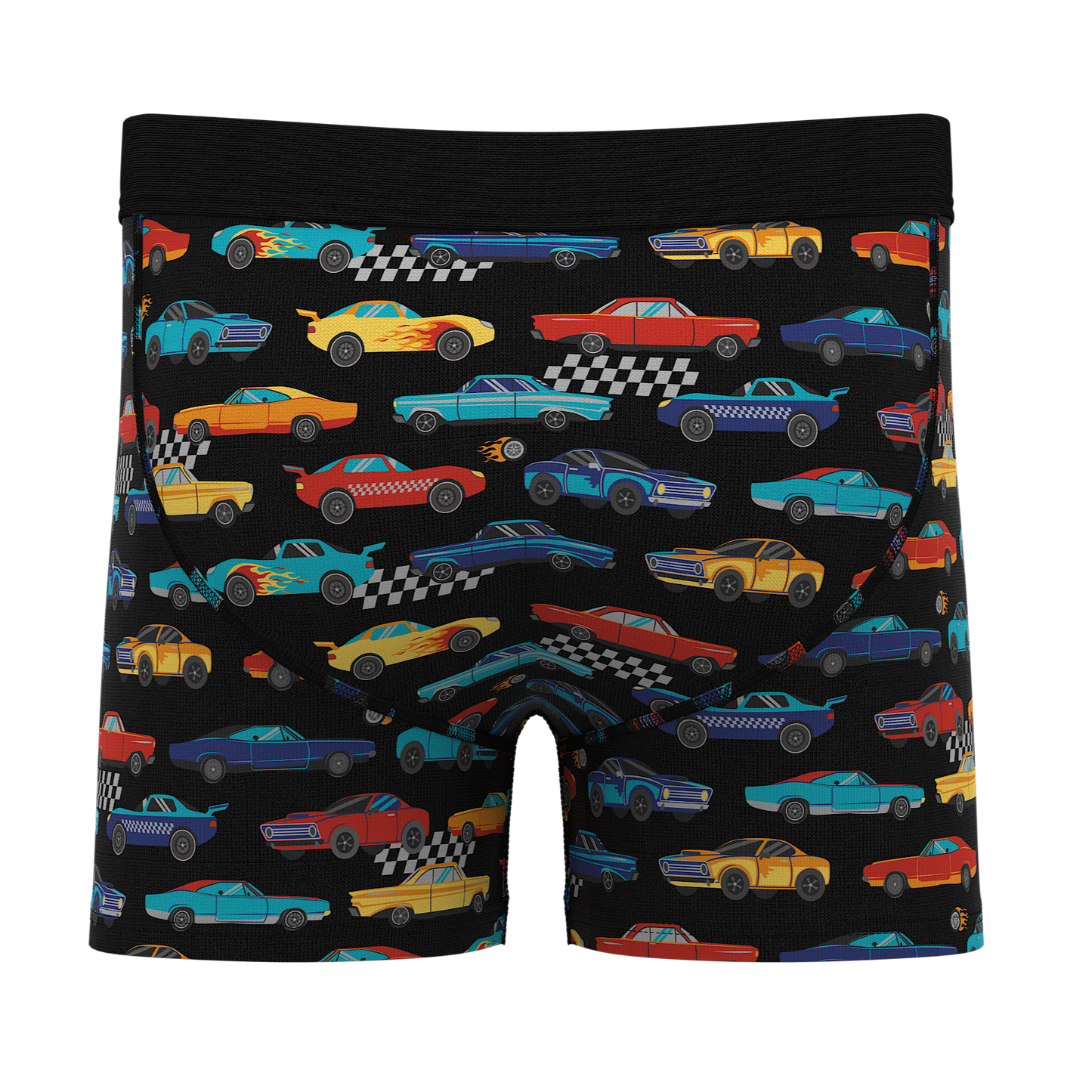 Shinesty "Start Your Engines" Racecar Boy's Boxer Briefs folded, highlighting the vibrant car pattern and quality stitching of this novelty underwear.