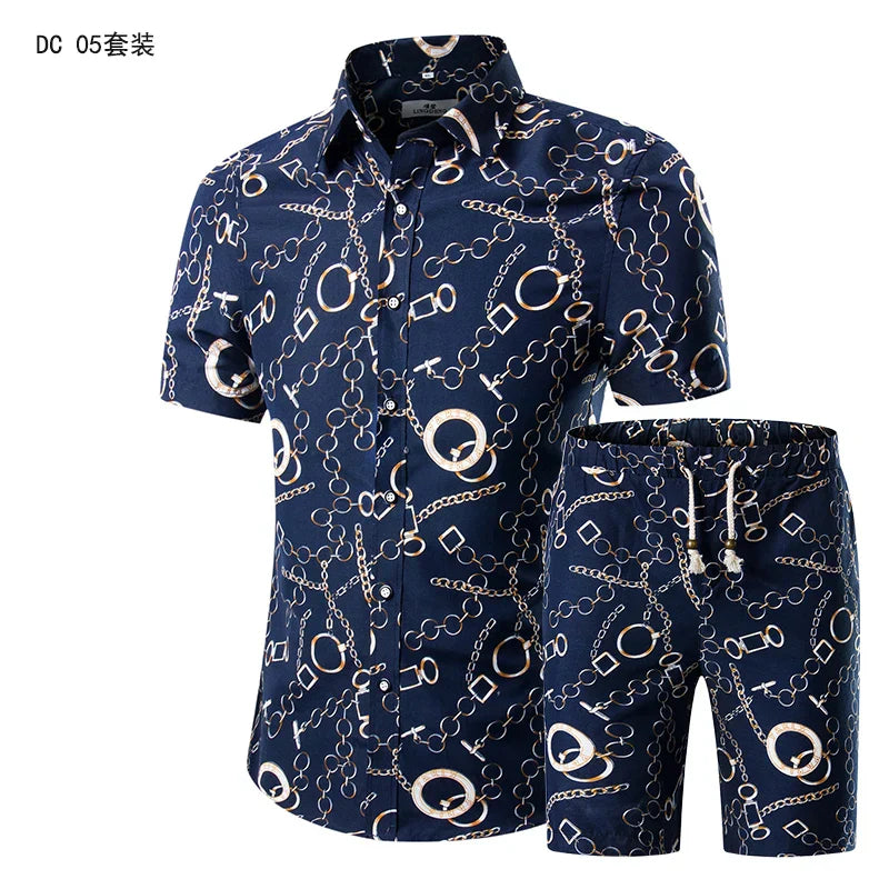 Trend setter men beach set featuring a navy blue short-sleeve shirt and shorts with chain pattern, Mandarin collar, and single-breasted closure.