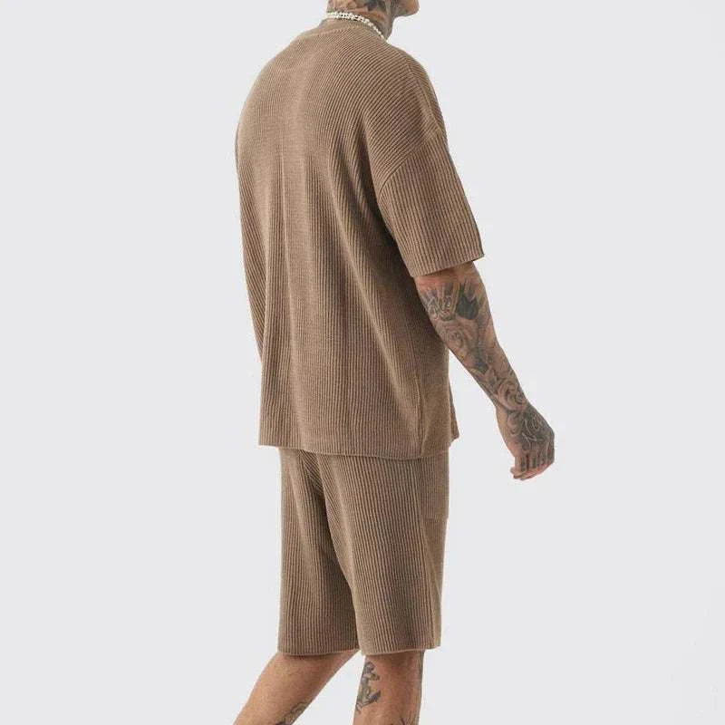 Men's casual beach streetwear outfit set in polyester with elastic waist, O-neck, and short sleeves.