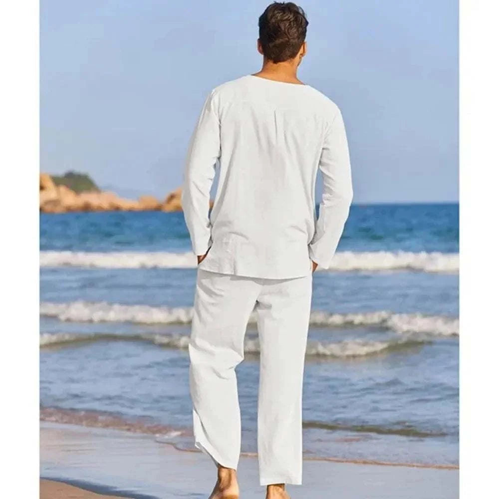 Casual Cotton Linen Two Piece Men Set - MENLL